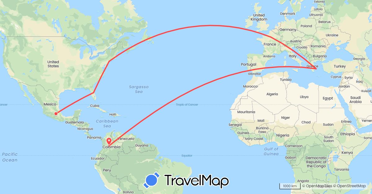TravelMap itinerary: driving, hiking in Colombia, France, Greece, Mexico, United States (Europe, North America, South America)